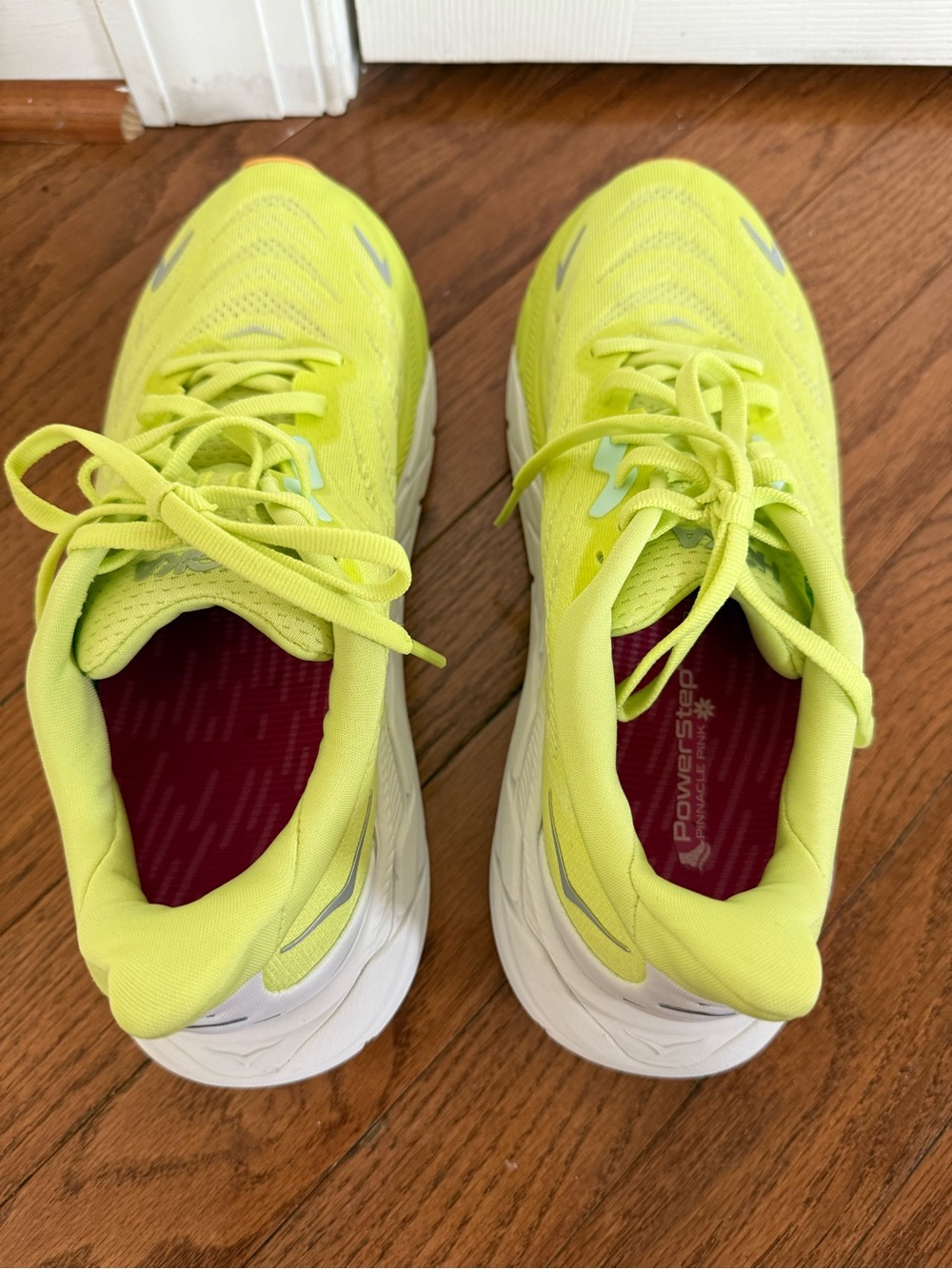 Women’s Hoka Arahi 6 Neon Yellow Athletic Running Shoes with Orange Accents - Picture 8 of 9